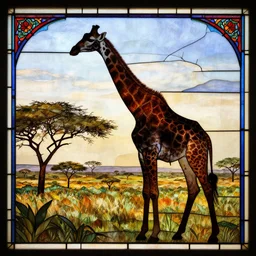 an Giraffe in the savanna, silhouette, stained glass, detailed