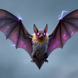 a giant bat with electricity coming out of it's wings with pink eyes