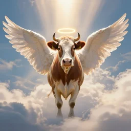 a photograph of an angel cow with halo and wings, god rays, breathtaking clouds