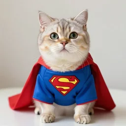 high quality photograph of a cat wearing superman clothes