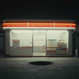 noisy color photograph of a retrofuturist liminal empty convenience store with no windows, dark pit, minimalist, cinematic, soft vintage glow