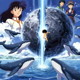 tonemapped anime character!!! splitting a gas giant in half like parting the red sea, with pack of space whales fly through an interdimensional rift! in background by ( hiromu arakawa ), makoto shinkai and ( cain kuga )