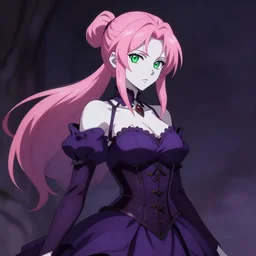 hd anime portrait of beautiful necromancer, gloomy purple dress, corset, face details, pink hair, ponytail, white skin, green eyes, posing, high fantasy, highly detailed, sharp focus, smooth, digital illustration, by afshar petros, krenz cushart, artem demura