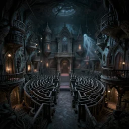 full - color photo of the interior of a spooky haunted mansion at night. the interior architecture and layout are illogical, surreal, bizarre, complicated, and labyrinthine. there is a faintly - visible victorian ghost lurking.