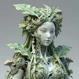 complex intricate 3 d render hyper detailed ultra sharp of a cyborg beautiful porcelain woman with big leaves and stems in her hair, overgrown foliage, fungi pores, octane, 8 k,