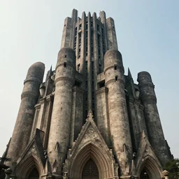 a sci - fi beautiful brutalist monumental gothic castle, with many rounded brutalist towers sprouting from the base tower creating a complex and unique geometric building, photography