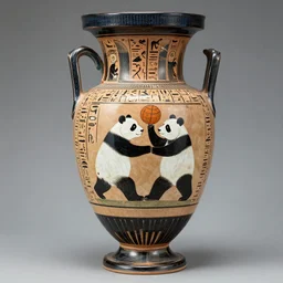 AA photo of an Athenian vase with a painting of pandas playing basketball in the style of Egyptian hieroglyphics