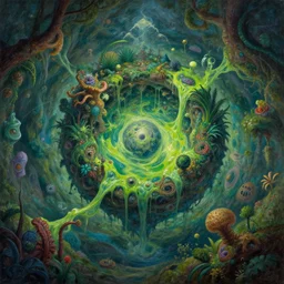 fantasy oil painting, center of the earth landscape, hidden micro world in the center of the frame, exotic vegetation, green slime oozing down, art by brothers hildebrandt, book cover illustration, sharp focus, extremely detailed