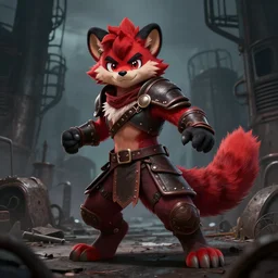 a handsome weasel bandit furry red - and - black male fursona animal character < with a tail >, leather armor, smirking, mid - action pose on a gritty industrial background by peder balke, dark industrial fantasy, furry art, deviantart contest winner, tumblr contest winner, this fursona has < a tail! >