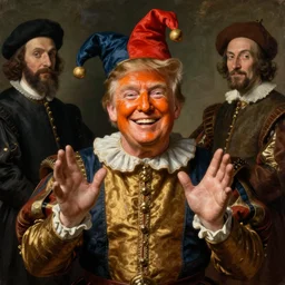 oil portrait of president donald trump as a historic dwarf jester fool. smiling widely, gesturing with small hands. orange spray tan face. medieval. historic royal portrait from the renaissance era. oil painting, highly detailed, centered, artstation, concept art, smooth, sharp focus, illustration, artgerm, vermeer, hans holbein, titian, salvador dali, hieronymus bosch, frans hals, rembrandt