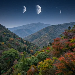 a photorealistic portrait, stunningly beautiful colorful fantasy landscape, professionally retouched, soft lighting, hyper realistic, mountains, various trees, beautifully detailed starry sky, 3 moons, wide angle, sharp focus, 8 k high definition, 6 4 megapixels, insanely detailed, stunningly beautiful