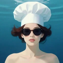 woman portrait, chef hat on top of head, wearing sunglasses, under water, 8 k, art station, greg rutkowski, alphonse mucha, roger deakins