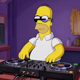 real life drunk Homer simpson in sunglasses DJing with DJ turntables, photoreal