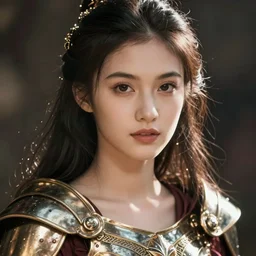 close - up portrait of beautiful model dressed gladiator with metallic armor, art by daikichi amano