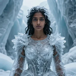 medium shot of a regal brown - skinned south asian woman wearing an intricate armor made of many layers of ice. no makeup!! freckles!! haunting eyes. vulnerable. fragile. ethereal. elaborate. ice caves. glaciers. refracted light. extremely soft lighting. textures. delicate. translucent. by ray cesar. by louise dahl - wolfe. by andrea kowch. surreal photography.
