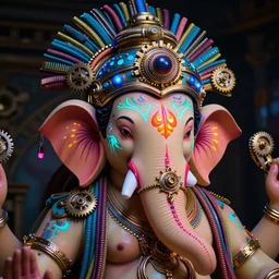 awardwinning photo of a steampunk ganesha, the face is covered with multicolored glowing tribal tattoos, wearing a glowing blue and golden metallic aztec helmet with multicolored cables and shiny metallic gears, 3 d render, crisp, 8 k, fluorescent colors, nikon photography