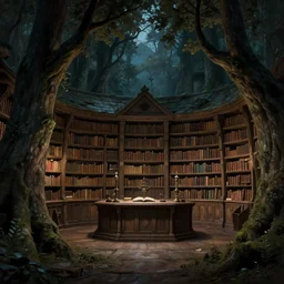 Interior of the library in Elrond's Chamber at Rivendell, trees growing inwards, evening, detailed matte painting, cinematic, Alan Lee, Artstation