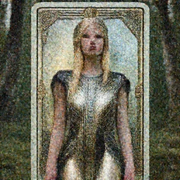 innovative avant - garde art, deco fashion, beautiful blonde girl, highly detailed, photorealistic portrait by michael cheval, serene forest setting, crisp quality and light reflections, octane render, tarot card with ornate border frame, confident, moody