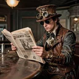 man reading newspaper in a bar, grimy, steel, oil,'5 0 s, mechanised, punk cousin of steampnk style