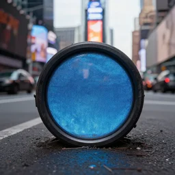 circular gate sticking upright through the ground containing a blue shimmering portal in the middle of a decaying times square, 3 5 mm, f / 1 6