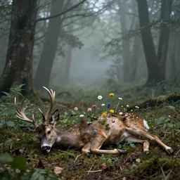 a dead deer doe with flowers growing out of its body lying in a misty forest, art style by Chiho Aoshima and Winslow Homer, 4k, 8k,