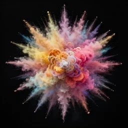 a centered explosion of a huge colorful powder cloud on a black background, extreme long shot, from far, amazing detail