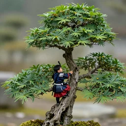 a tiny samurai climbing a bonzai tree