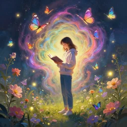 distant full long wide view shot. woman in a hoodie, jean pants, sneakers, reading a book. butterflies, flowers, fireflies, spirits, illusions, digital painting, detailed, colorful aura, 8 k, trending on artstation, smooth, sharp focus artwork by mark arian, artgerm, mark keathley, greg rutkowski