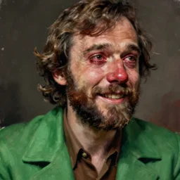 close-up portrait of a melancholy bedraggled man with 70s mutton chops and sideburns, wearing a 1970s green blazer with a tapered collar, looking out and grinning with bloodshot eyes and a swollen red nose, 44 years old mature caucasian male, just a total wreck of a human being, in the style of Jenny Saville, Alex Kanevsky, trending on ArtStation, expressive, atmospheric, textured brush strokes, soulful impressionism, intimate digital art