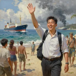 ( ( a beautiful 8 k photorealistic masterpiece oil painting ) ( of ( young professor who is leaving the mainland to go to a new island, waving happily to the mainlanders ) ( ships sinking, hurricanes and war raging in the background ) ) ( hyperrealism ) ( 1 6 k ) ( trending on artstation )