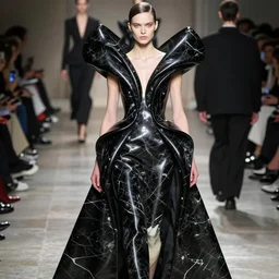 extremely beautiful female statue wearing black avant garde marble comme de garcon haute couture gown in the style of rei kawakubo, couture, carved in black and white marble, smooth, polished, avant garde, matthew williams, givenchy, balenciaga, yohji yamamoto, japanese avant garde fashion, fashion, paris, runway, collection, beautifully lit, glossy, hd, 4 k, 8 k, extremely clear focus, sharp, award winning fashion photograph