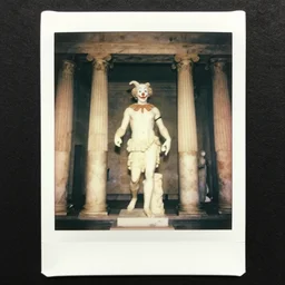 Polaroid photo of fragmented greek sculpture of A clown inside a temple