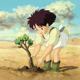 a wholesome animation key shot of nausicaa planting trees alone in the desert, studio ghibli, pixar and disney animation, sharp, disney concept art watercolor illustration by mandy jurgens and alphonse mucha and alena aenami, pastel color palette, pollen, bloom, dramatic lighting
