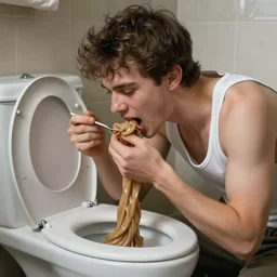 a guy eating a lot of diarrhea out of the toilet