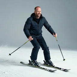 jason statham skiing, smiling, full body shot, cinematic lighting, studio quality