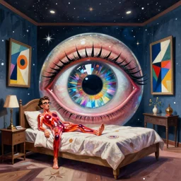 a jelly man in a 4 d perspective picasso room by dali and kandinsky on a starry bed with a spherical glassy eyeliner multifaceted staring prismatic iris retina with massive closeup googly eyes