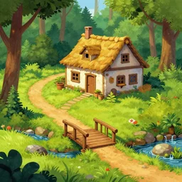 a path and small bridge over a brook in front of a cozy rustic house in the middle of a forest, at midday, from a fantasy point and click 2 d graphic adventure game, art inspired by john shroades, king's quest, sierra entertainment games, colorful landscape painting