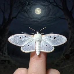 photorealistic, white - ermine - moth at night on a finger, flikr, by john atkinson grimshaw, by george stubbs, by virgil finlay, h. r. giger, intricate, eerie, dreamlike
