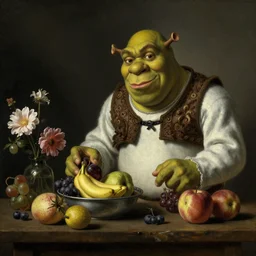 dutch golden age still life, fruits still life, shrek!!!!!!!, otto marseus van schrieck still life, dutch golden age painting, dramatic lighting, cinematic lighting, willem van aelst still life, elias van den broeck painting still life, christiaen striep still life, rachel ruysch flowers, oil on canvas