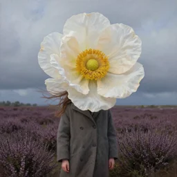 portrait, huge flower head, a girl wearing a coat in heather field, surreal photography, wind and cold, dramatic sky, impressionist painting, digital painting, artstation, simon stalenhag