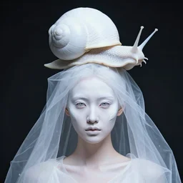 high fashion photography of a model in neo futurism white sci - fi makup, a huge white snail sitting on her head, transparent cloth, beautifully lit
