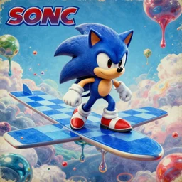 retro game sonic advertisement in a surreal, faded, detailed professional, totally radical, high quality airbrush art shpongle album cover of a liquid dissolving lsd dmt sonic the hedgehog on a flat blue checkerboard plane, 1 9 9 0 s 1 9 9 2 prerendered graphics raytraced phong shaded album cover