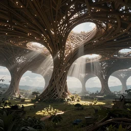 futuristic branching and woven and vaulted structure stretching out across the countryside, beautiful dynamic lighting, cinematic, wide angle establishing shot, extremely high detail, photo realistic, cinematic lighting, post processed, concept art, artstation, matte painting, style by eddie mendoza, raphael lacoste, alex ross, volumetric lighting, light rays, photorealistic, ultrarealistic, moody, coronarender, 8k