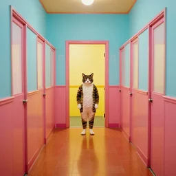 cat man standing in 1 9 6 0 s hotel, surreal photography, mid century, liminal space, bright colours, wes anderson