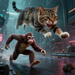 a 🐭 fleeing terrified & a huge chasing cat 🐱, by mark ryden in cyberpunk environment, 4 k ultra high resolution, horror, long camera shot