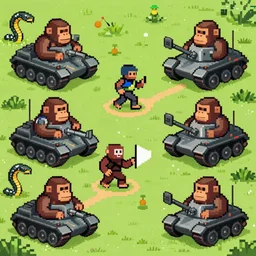 world war battle between apes on tanks and snakes in exoskeletons, pixel art