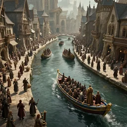 cinematic, high - fantasy, crowded fantasy town square canal, blue and gold boats, dozens of people, hybrid from the lord of the rings and art direction by darius zawadzki, sharp focus, highly detailed, wideshot ultrawide angle epic scale, dynamic dramatic ighting, shadows, cinematic atmosphere, artstation, hyperrealistic 3 d digital art, 8 k 4 k uhd image