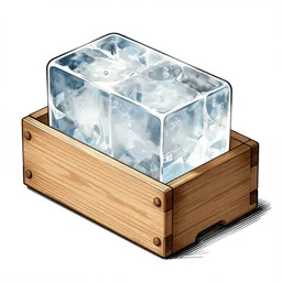 patent sketch of a block of ice stored within a wooden contraption as a early method to refrigerate food