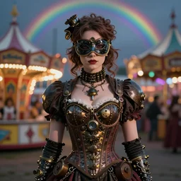 photorealistic soft paint of a curiosities carnival, single young beautiful masqued dollpunk in a full steampunk corset, symmetry accurate features, ominous depths, elegance, focus, rainbow lighting, very high details, award winning masterpiece, behance, by tom bagshaw
