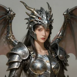 a professional painting of a beautiful young female, wearing a metallic dragon-shaped helmet, clothed in battle armor, with mechanical dragon wings, olive skin, long dark hair, beautiful bone structure, symmetrical facial features, intricate, elegant, digital painting, concept art, smooth, sharp focus, illustration, from Metal Gear, by Ruan Jia and Mandy Jurgens and Greg Rutkowski and Artgerm and William-Adolphe Bouguerea